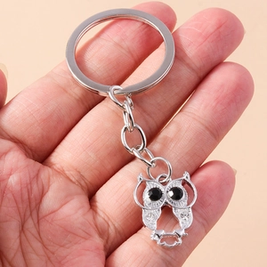 Fashionable owl keychain with sparkling rhinestones on a silver metal pendant