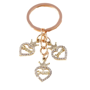 Porte-clés cœur doré avec couronne en strass et breloques Queen pour décoration de sac