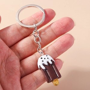 Detailed close-up of a chocolate ice cream keychain charm made of PVC with alloy ring