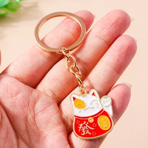 Chinese Style Lucky Cat Keychain Zinc Alloy Enamel Fortune Maneki Neko Bag Pendant Key Ring Accessory For Unisex Friends Gift