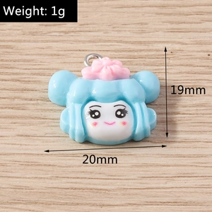 Detail view of a 19mm blue cartoon girl resin pendant with pink flower and size dimensions
