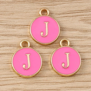 Three pink enamel round letter J charms with gold plating for DIY jewelry making