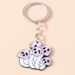 Detailed view of gothic purple mushroom keychain with skull pattern and metal hook
