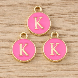 Pink enamel round alphabet charm with gold letter K and metal hanging loop, set of 3