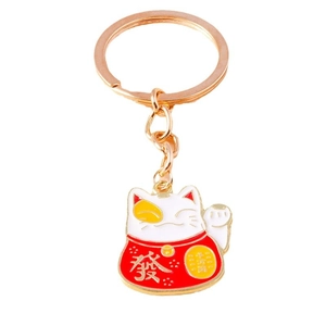 Lucky Fortune Cat keychain in gold alloy with red and white enamel and Chinese characters