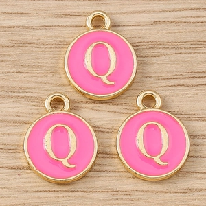 Three gold-plated pink enamel letter Q round charms for DIY jewelry making