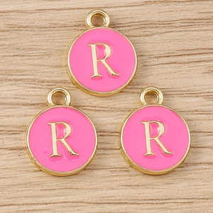 Three pink enamel round letter R pendants with gold plating for DIY jewelry making