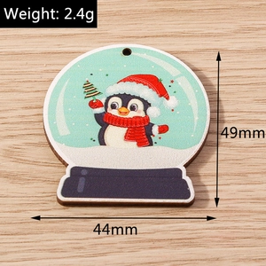 Detail view of cartoon Christmas penguin wooden pendant showing 44x49mm dimensions and 2.4g weight