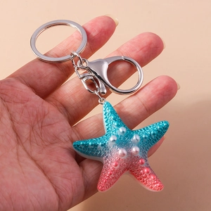 Creative gradient starfish keychain with pearl accents and silver metal lobster clasp ring