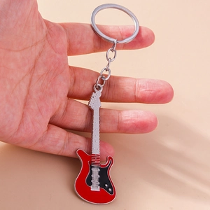 Creative electric guitar keychain with red enamel finish and silver metal accents