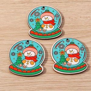 Three wooden Christmas snowman pendants with red hats for tree decoration, 3-piece set