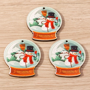Cartoon snowman wooden Christmas ornaments with Merry Christmas greeting text on wood background