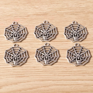 Set of 6 silver plated spider web and skull alloy charms for DIY Halloween jewelry making