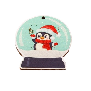 Wooden Christmas snowflake globe charms with cartoon penguin and hanging hole decorations