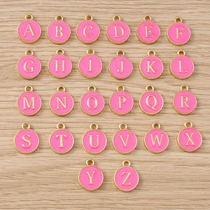 Pink Enamel Round English Alphabet Letter Charms Zinc Alloy Gold Plated Pendants For DIY Necklace Bracelet Jewelry Making Accessories