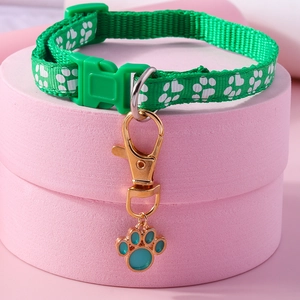 Close-up of green pet collar with white paw prints and a teal metal charm on a pink display