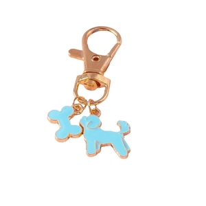 Cute dog and bone pendant keychain with blue enamel bone and rose gold lobster clasp