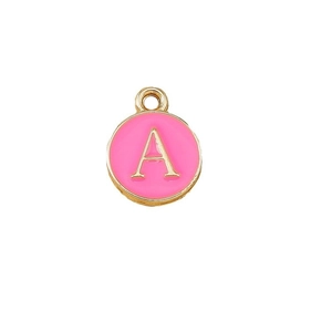 Pink enamel round letter A charm with gold plated alloy border for DIY jewelry making
