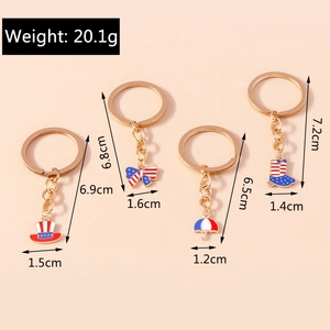 Detailed view of American flag themed keychains with size measurements in centimeters