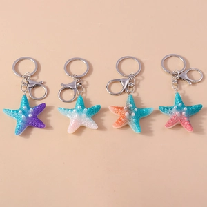 Creative Starfish Keychain Resin Gradient Color Backpack Pendant With Faux Artificial Pearl Cute Marine Animal Key Ring Gift For Girls