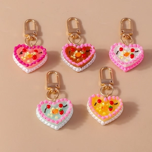 Simulation Cream Fruit Heart Cake Keychain Resin Dessert Food Play Bag Charm Gold Alloy Lobster Clasp Cute Gift For Women