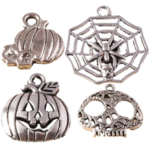 Halloween alloy charm set with pumpkin, skull, and spider web in antique silver finish