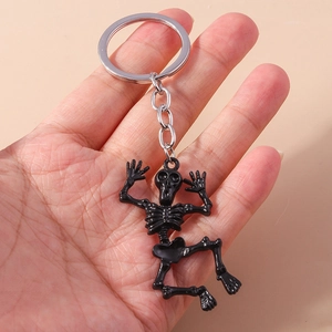 Gothic punk black skeleton keychain for bags with a silver metal ring accessory