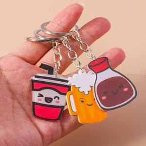 Cute cartoon beverage acrylic keychain set featuring cola, beer and sauce bottle designs
