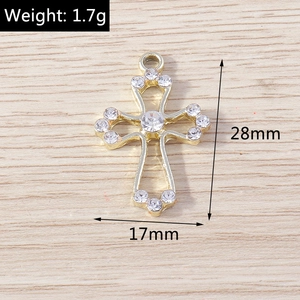 Detail of a 28mm gold hollow cross pendant with rhinestones and dimensions shown