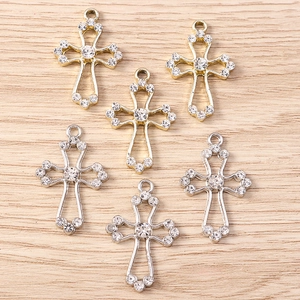 Set of six hollow rhinestone cross charms in gold and silver for DIY jewelry making