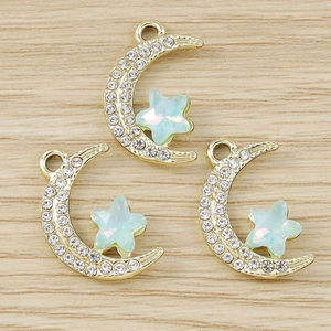 Golden moon and aurora star charm pendants with white rhinestones for DIY jewelry making