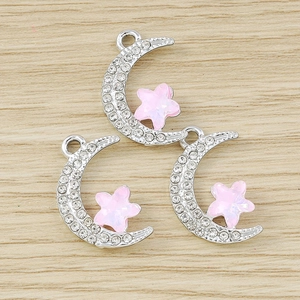 Star and moon charm pendants with pink rhinestones for DIY necklace and bracelet jewelry