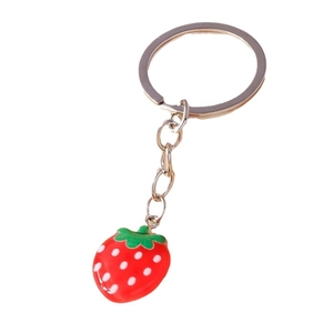 Realistic red strawberry keychain with green leaf and silver metal ring for backpack