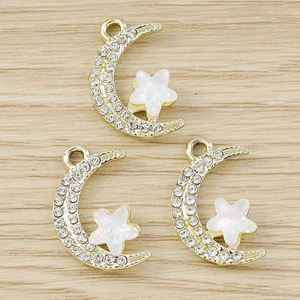Gold moon and star charms with white rhinestones and opal stone for DIY jewelry making