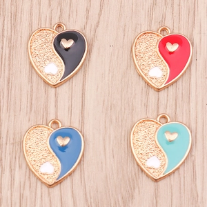 Yin Yang heart charms set in gold alloy with colorful enamel for DIY jewelry making