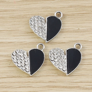 Three creative rhinestone heart pendants with black enamel and silver alloy finish