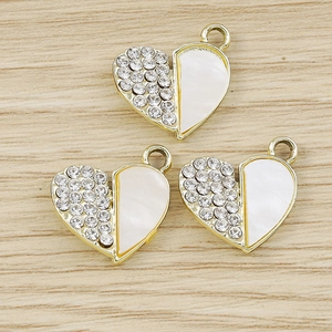 Creative 18K gold heart charms with sparkling rhinestones and white mother of pearl inlay