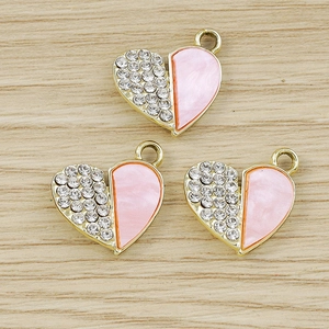 Set of 10 gold plated heart pendants with rhinestones and pink enamel for DIY jewelry making