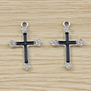Gothic flower cross pendants with black enamel and rhinestones for DIY necklace making