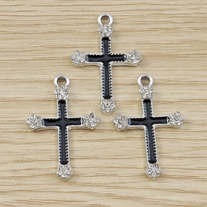 Gothic silver cross pendants with black enamel and sparkling floral rhinestones