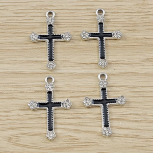 Gothic Zinc Alloy Flower Cross Pendant With Black Enamel And White Rhinestone DIY Jewelry Making Necklace Charms For Women