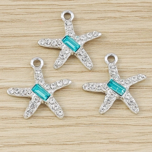 Silver starfish pendants with turquoise gemstone and rhinestones for DIY jewelry making