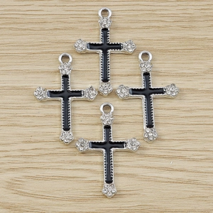Gothic silver cross pendants with black enamel and rhinestones for DIY jewelry making
