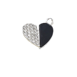 Sparkling rhinestone heart pendant with black enamel finish and silver ring connector