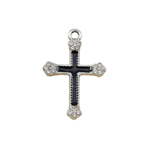 Gothic flower cross pendant with black enamel and white rhinestones on white background