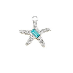 Silver starfish charm pendant with blue gemstone and white rhinestones on white background