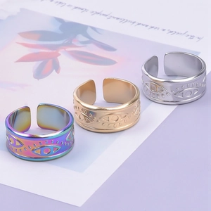 Adjustable evil eye stainless steel rings in rainbow, gold, and silver finishes