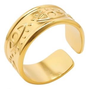 Adjustable 304 stainless steel ring in gold with embossed evil eye geometric patterns