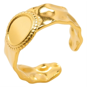 Adjustable 304 stainless steel signet ring with irregular lava texture gold finish