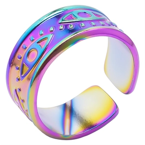Close-up of rainbow plated stainless steel ring with eye relief and adjustable open band